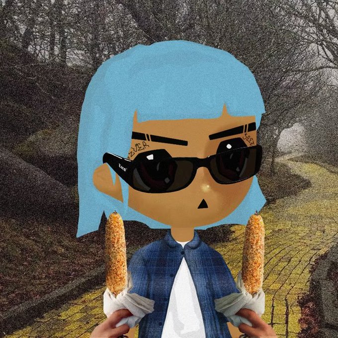 A digital collage depicts a cartoonish Ghibli-style avatar with blue hair, eyebrow tattoos, and sunglasses, holding two corn dogs against a grainy, desaturated outdoor background.