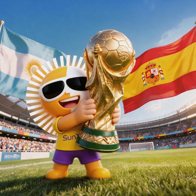 A cheerful mascot wearing sunglasses and a yellow "SUN" jersey triumphantly holds the golden World Cup trophy on the pitch, flanked by the Argentina and Spain flags as fans fill the stadium behind.

The image ties directly to the post's World Cup Final prediction giveaway, visually representing the Argentina vs. Spain matchup that participants must predict by commenting their champion pick and exact score using #SunXWorldCupFinal for a chance to win the $SUN prize pool.
