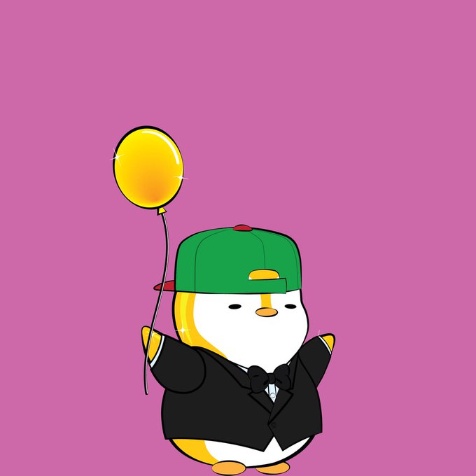 The image features a cartoon penguin standing upright with its arms raised, holding an orange balloon that has a yellow center. The background of the image is pink, which contrasts with the white body of the penguin. The text "Still can't believe I own this x.com/dohkonft/statu..." appears to be part of a caption or description related to the image.