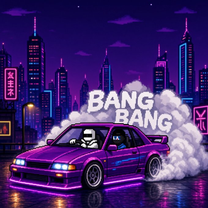 Pixel art illustration showing a purple car drifting with smoke trailing behind it in a neon-lit cityscape at night, with "BANG BANG" text overlay.