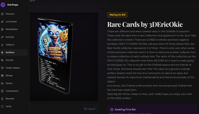 A screenshot from the Ord Dropz website displaying an auction listing for 'Rare Cards by 3DEricOkic,' featuring a cursed Bitcoin-themed 3D card image and a detailed description about an early Ordinals collection of cursed 3D files.