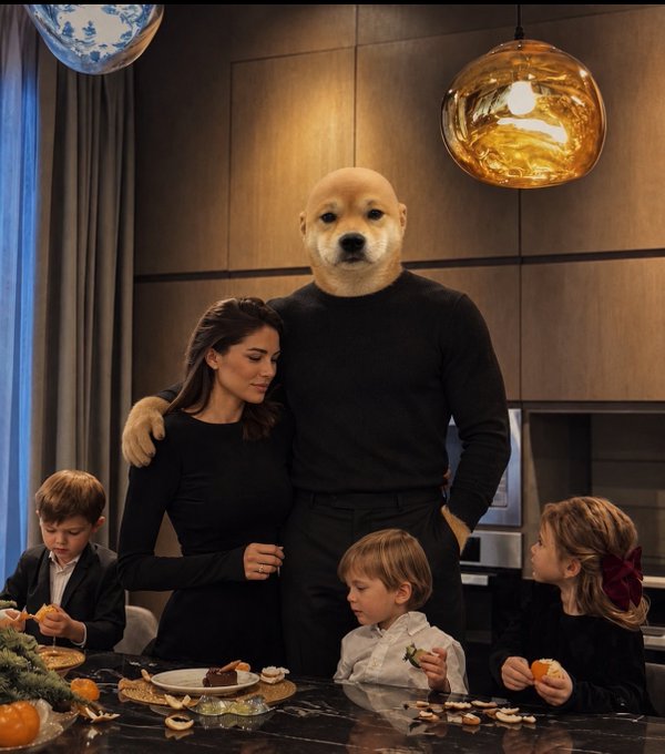 A family portrait showing a woman and three children around a kitchen counter, accompanied by a large anthropomorphic figure with a dog's head wearing a black sweater, all gathered near food items.