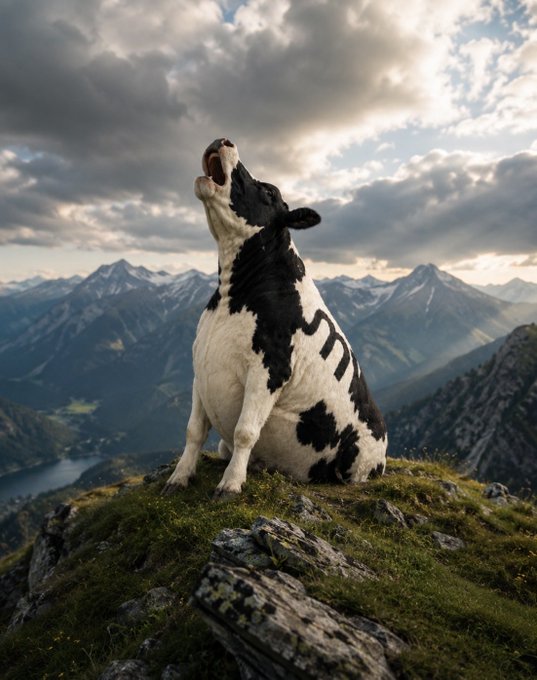A surreal image shows a black and white cow sitting on a grassy cliff edge and mooing, with a dramatic mountain range and cloudy sky in the background.