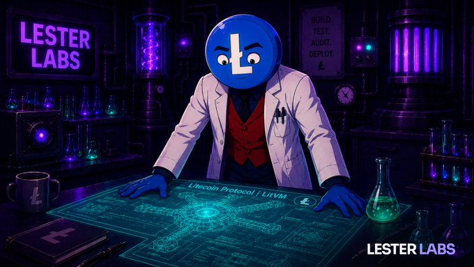 An illustrated banner for 'LESTER LABS' featuring a blue Litecoin (L) mascot character in a lab coat working at a glowing blueprint labeled 'Litecoin Protocol | L1VM', with the tagline 'BUILD. TEST. AUDIT. DEPLOY.'