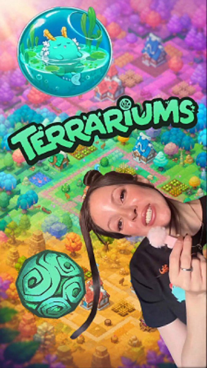 The image features a woman with her head tilted back, smiling at the camera while wearing a black shirt. The background of the photo shows an illustration of a cityscape filled with buildings and trees, giving off a vibrant and colorful atmosphere. The text "Terrariums" is prominently displayed in green letters above the woman's head, indicating that she has just posted about this new video game called Terrariums on social media.