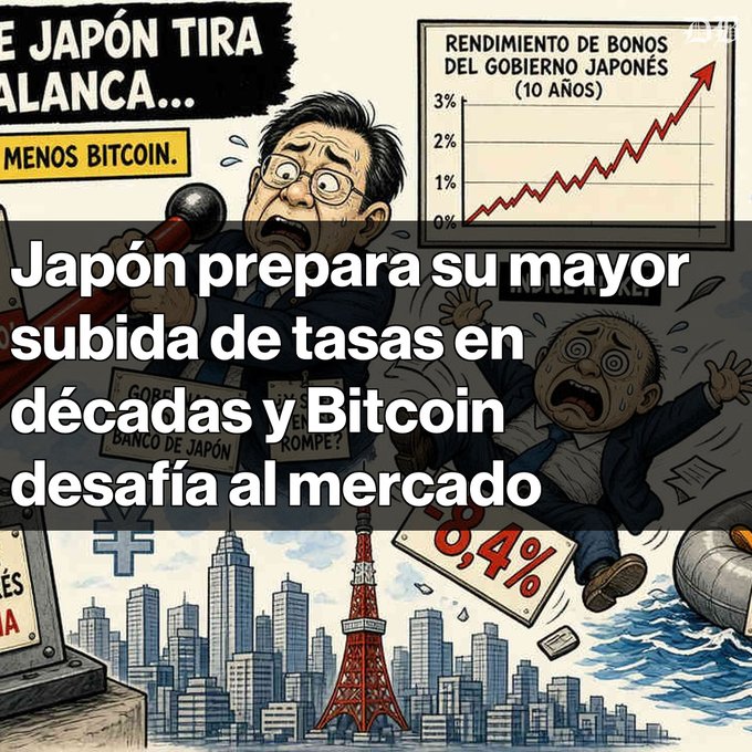 A cartoon-style illustration depicting Japanese economic news with the Spanish text 'Japón prepara su mayor subida de tasas en décadas y Bitcoin desafía al mercado,' showing rising government bond yields and panicked figures.
