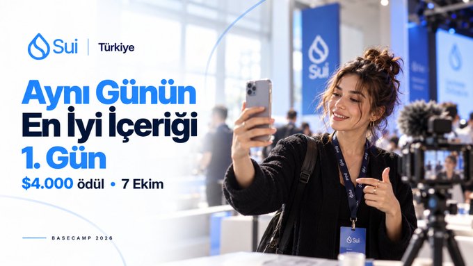 A promotional graphic for 'Sui Türkiye' featuring a woman taking a selfie with text reading 'Aynı Günün En İyi İçeriği 1. Gün $4.000 ödül • 7 Ekim' and 'BASECAMP 2026'.