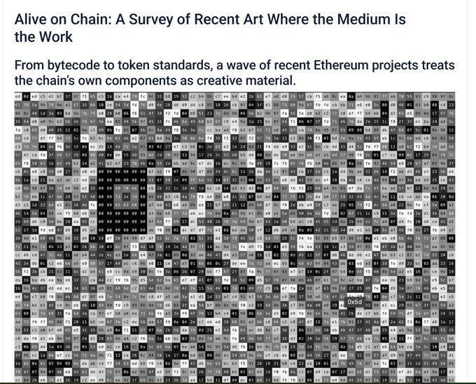 The image features a black and white patterned background with various numbers scattered throughout, creating an abstract design. The text "Alive on Chain" is written above this pattern, while the phrase "A survey of recent art where the Medium is the work" is below it. The image also includes a link to the original post by @takenstheorem, which provides more information about the artwork and its context.