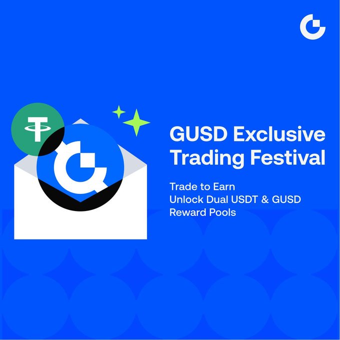 A promotional banner for a "GUSD Exclusive Trading Festival" featuring an open envelope with the Gemini ("G") and Tether logos, advertising dual USDT and GUSD reward pools for traders. The design matches the campaign by visually highlighting the GUSD-focused trading event with its tagline "Trade to Earn, Unlock Dual USDT & GUSD Reward Pools."