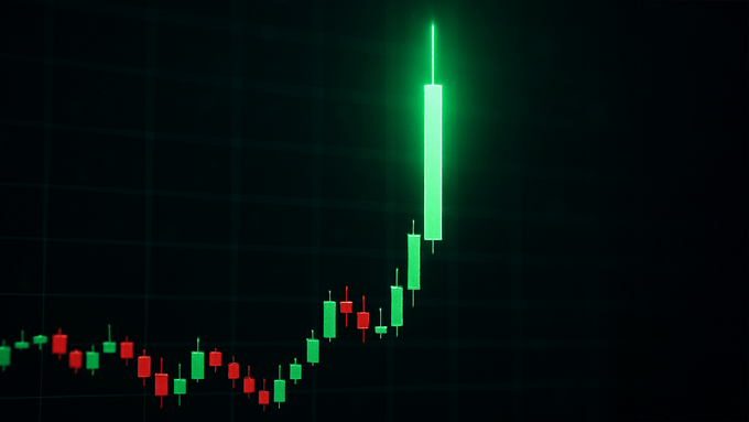 A candlestick chart shows a dramatic green breakout candle surging upward against a dark background, visually representing the bullish momentum and anticipation of major market catalysts from the upcoming week's Japan GDP, crypto meeting, FOMC minutes, and Japan CPI events.