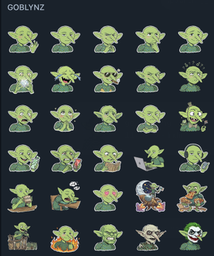 A sprite sheet labeled 'GOBLYNZ' shows various poses of a green goblin character in different actions.