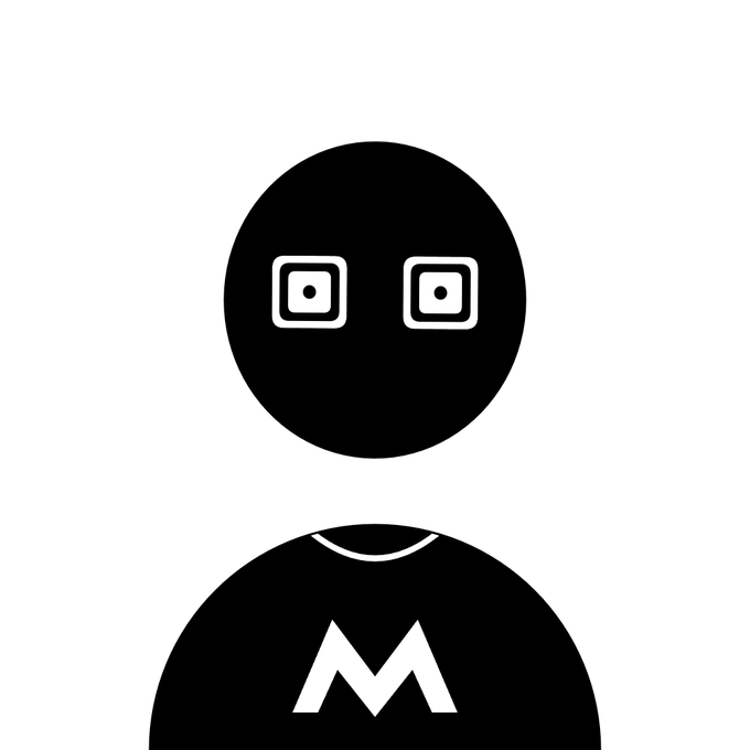 A minimalist black-and-white icon depicting a person with square robot-like eyes and an 'M' logo on their shirt.