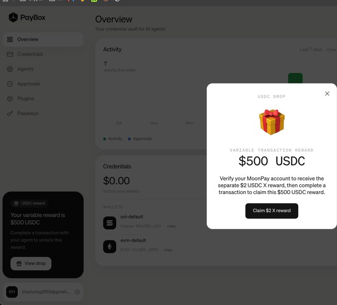 A screenshot of the PayBox dashboard showing a USDC Drop popup offering a $500 USDC variable transaction reward, alongside a notification that the user's variable reward is $500 USDC. The image illustrates the PayBox interface users would be interacting with after receiving the airdrop reward, before following the post's instructions to revoke the PayBox custom connector from Claude.