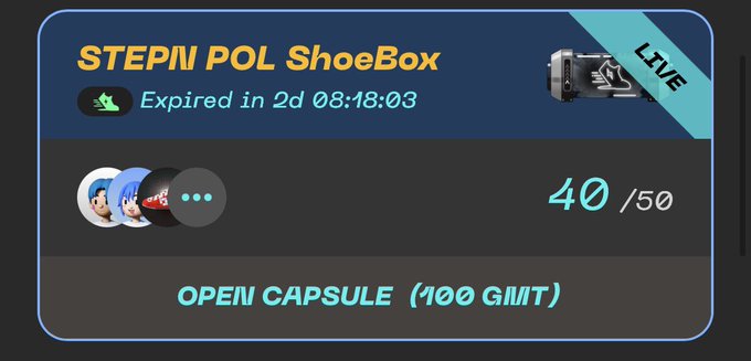 STEPN POL ShoeBox interface showing 'Expired in 2d 08:18:03', 40/50 progress, and an 'OPEN CAPSULE (100 GMT)' button.