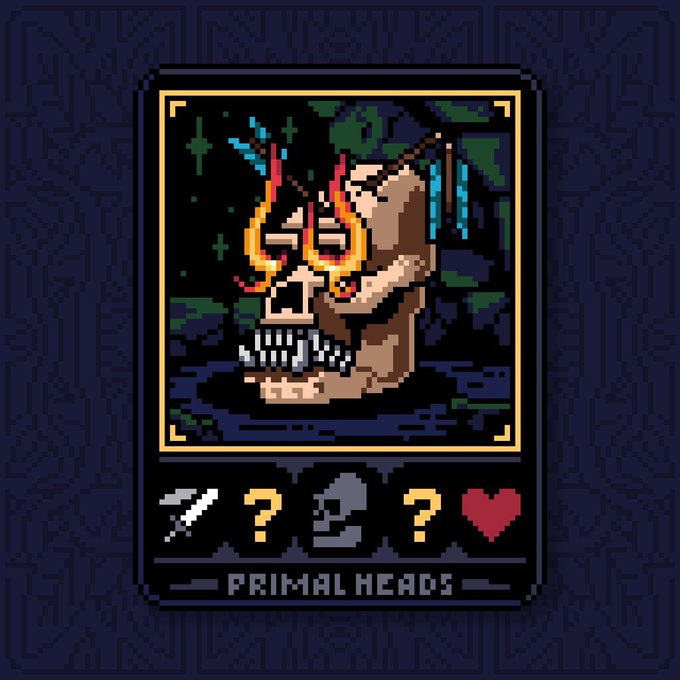 A pixel art tarot-style card titled 'Primal Heads' depicting a fierce mythological mask with flaming eyes and bared teeth, featuring a feather and question mark icon row at the bottom.