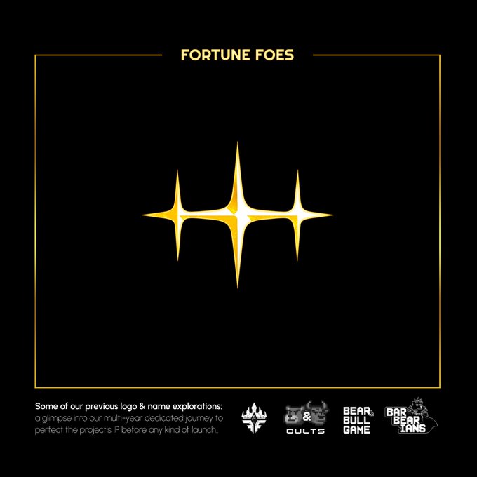 A logo display featuring "FORTUNE FOES" with a central gold three-star emblem on a black background, showcasing previous name explorations including "BEAR BULL GAME" and "BAR BEAR LANS" alongside other branding attempts, reflecting the project's multi-year development journey from 2022-2024.