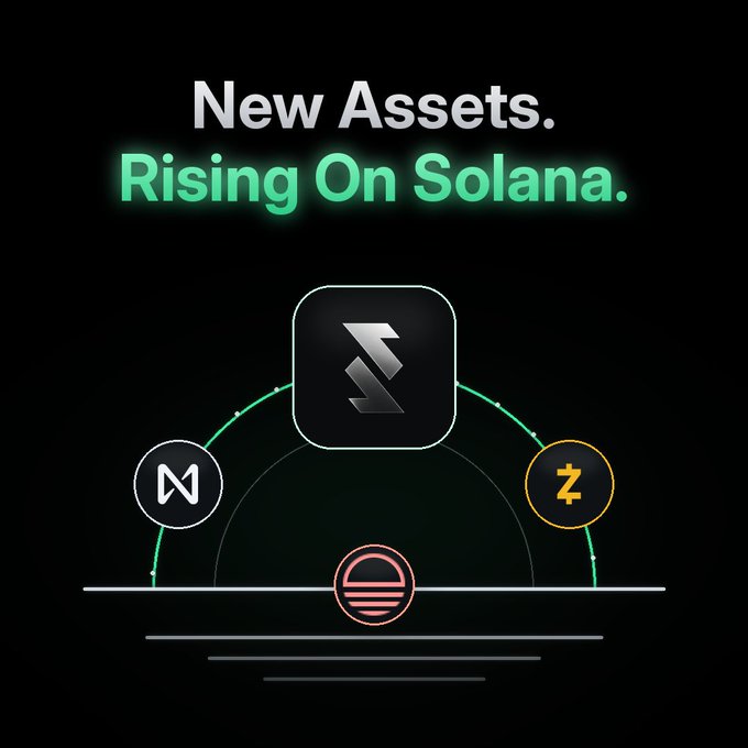A promotional graphic reading "New Assets. Rising On Solana." featuring logos including a stylized 'S' in the center, along with 'N' and 'Z' symbols on either side, set against a black background.