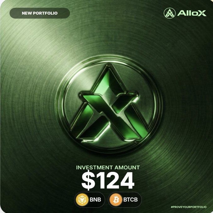 An AlloX promotional graphic featuring a green metallic logo on a brushed circular background, advertising a 'NEW PORTFOLIO' with an investment amount of $124, payable in BNB or BTCB, and the hashtag '#PROVEYOURPORTFOLIO'.
