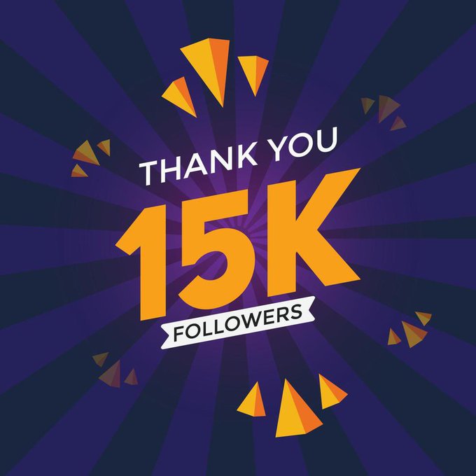 A celebratory thank-you graphic with a purple sunburst background features bold orange and white text reading "THANK YOU 15K FOLLOWERS," complemented by scattered orange triangle confetti, marking the 15,000 follower milestone that triggered the accompanying SOL giveaway announcement.