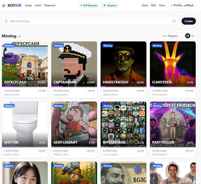 A screenshot of the XCP.FUN website showing cryptocurrency minting projects including PEPXCPCASH (25.6%), CAPTAINDAN (25.0%), HAIRSTRATEGY (10.4%), ICANTEVEN (9.2%), SHITTER (8.7%), GENTLEGIANT (5.7%), BIPTARDIANS (5.2%), and PARTYKILLER (4.5%).