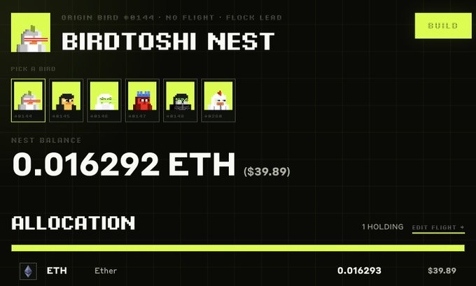 A webpage screenshot for 'BIRDTOSHI NEST' showing 'ORIGIN BIRD #0144 - NO FLIGHT - FLOCK LEAD' with a nest balance of '0.016292 ETH ($39.89)' and various pixel art bird options.