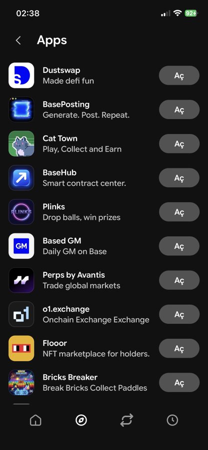 A mobile phone screenshot showing a list of crypto apps including 'Dustswap', 'BasePosting', 'Cat Town', 'BaseHub', 'Plinks', 'Based GM', 'Perps by Avantis', 'o1.exchange', 'FLOOR', and 'Bricks Breaker', with the time 02:38 and battery at 92%.