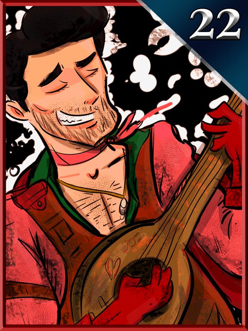 An illustrated card numbered 22 featuring a mustachioed man with a red bandana smiling while playing a guitar with a heart on it.