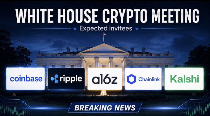 A graphic announcing a White House crypto meeting, displayed over an image of the White House with logos for Coinbase, Ripple, a16z, Chainlink, and Kalshi featured as "Expected invitees," with a "Breaking News" banner at the bottom, directly illustrating the post's report of these executives being invited to the Aug. 19 gathering.
