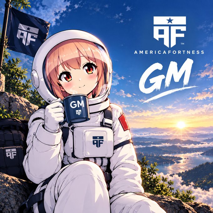 Anime-style artwork shows a girl in an astronaut suit holding a 'GM' mug, with 'AMERICA FORTNESS GM' branding and a flag against a sunset mountain landscape.