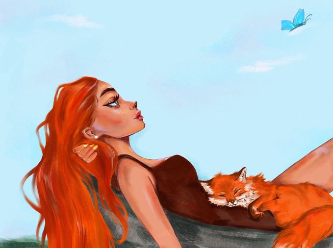 An illustration depicts a red-haired woman looking upward as a sleeping orange cat rests on her lap, with a blue butterfly flying in the pale blue sky above.