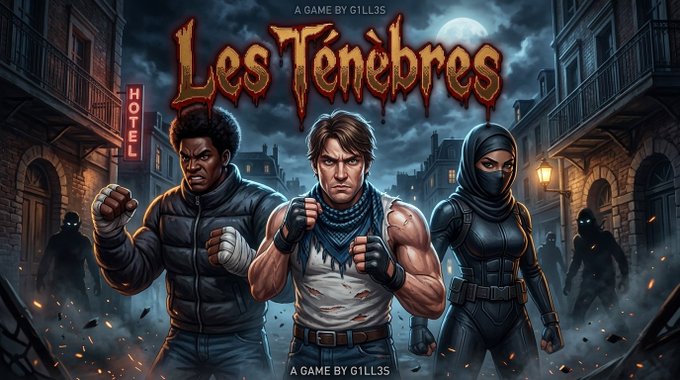 The image shows promotional artwork for a beat 'em up game titled "Les Ténèbres" by G1LL35, featuring three fighter characters—a boxer with bandaged hands, a martial artist, and a hooded ninja—standing battle-ready in a dark, gothic cityscape with shadowy enemies lurking. It visually ties to the post's announcement of an old-school arcade-style game where players must defeat a final boss to win.