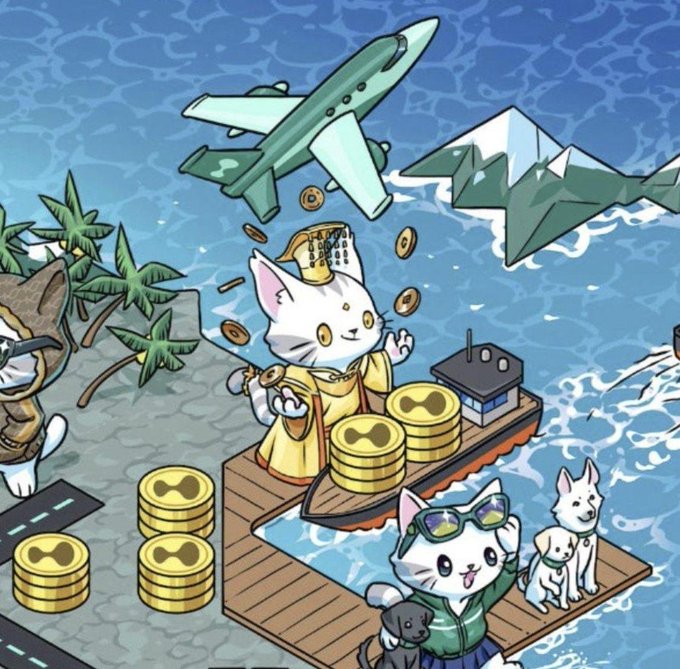 A colorful cartoon illustration showing cats dressed in luxury attire enjoying a tropical paradise with gold XRP coins, a private jet, a yacht, and a dog companion.