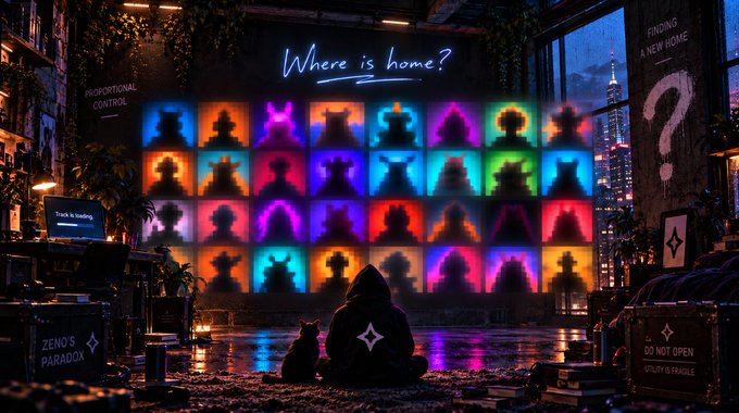 An atmospheric digital artwork showing a hooded figure sitting before a large illuminated display with the text 'Where is home?' above colorful silhouettes in a dimly lit urban setting with 'ZENO'S PARADOX' text visible.