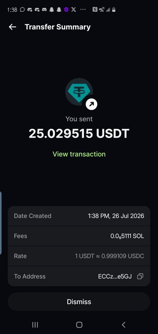 A screenshot of a crypto transfer summary confirming 25.029515 USDT was sent to an address beginning with "ECCZ...e5GJ" on July 26, 2026, with a small fee of 0.005111 SOL, supporting the post's claim of sending $25 USDT as a giveaway prize.