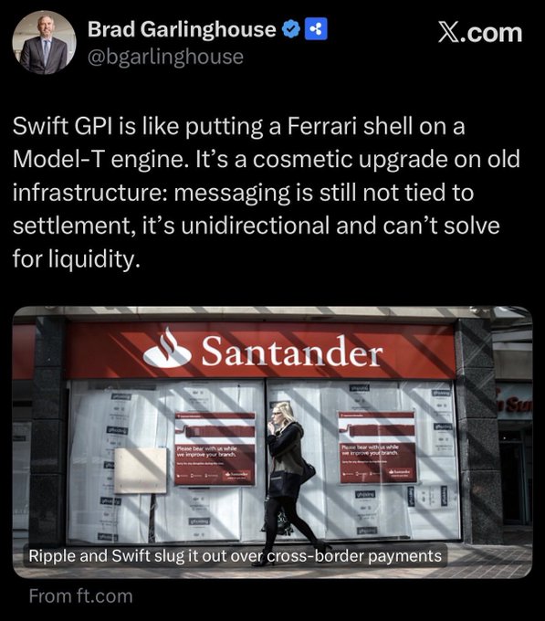 A screenshot of Brad Garlinghouse's X post quoting a Financial Times article titled "Ripple and Swift slug it out over cross-border payments," where he criticizes SWIFT GPI as a cosmetic upgrade ("Ferrari shell on a Model-T engine") that doesn't tie messaging to settlement. The image shows the FT article overlaid on a photo of a woman walking past a Santander bank branch.
