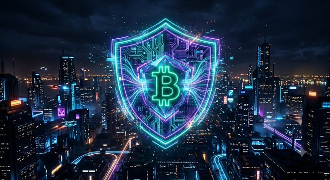 A glowing neon Bitcoin shield emblem hovering over a futuristic cyberpunk cityscape at night, symbolizing cryptocurrency security and digital finance.