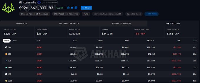 Wintermute's portfolio dashboard shows a $123.28M total value with $26.25M spot and $70.69M perpetual positions, featuring significant short exposures across ETH, BTC, SOL, and HYPE with unrealized PnL of -$6.75M. The image supports the claim about Wintermute's market influence by displaying their massive short positions—particularly the 22.46K ETH ($69.33M), 535.3K BTC ($42.1M), and 155.05K SOL ($17.32M)—suggesting the trading firm holds substantial bearish bets that could amplify downward price movements during market crashes.