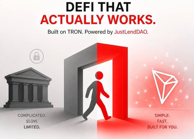 The image features a poster with two doors, one red and one gray, both of which have a person walking through them. The poster also includes text that reads "Defi that actually works", which implies that the concept behind the poster is related to cryptocurrency or DeFi projects. JustLendDAO is a project that focuses on lending services within the Ethereum ecosystem, as indicated by the image's content.