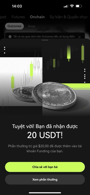 Vietnamese-language cryptocurrency reward notification showing "Tuyệt vời! Bạn đã nhận được 20 USDT!" over an image of coins on a trading chart.