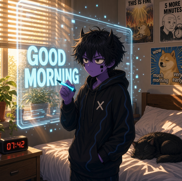 An anime-style illustration of a purple-skinned character with horns and messy black hair in a dark hoodie, drawing a glowing 'GOOD MORNING' holographic sign in their bedroom, with dog/meme posters on the wall and a black cat sleeping on the bed next to a 07:42 clock.