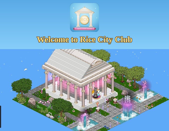 The image features a Minecraft-style cityscape with a white building, surrounded by trees and other buildings. The text "Welcome to Rice City Club!" is displayed above the building, indicating that this is an invitation for players to join the Rice City Club in their game. The post also mentions that there are ways to rent out houses within the game, which can be used as a source of income or to grow one's real estate empire.
