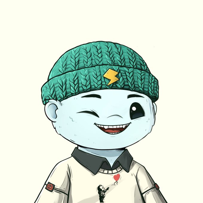 An illustration of a blue-skinned character wearing a green knitted beanie with a yellow lightning bolt patch and a white shirt, winking and smiling.