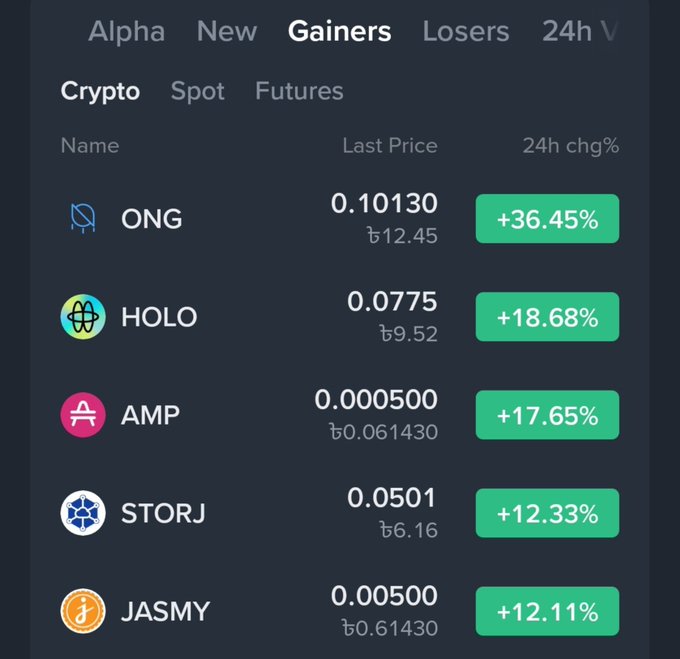 A cryptocurrency market tracker showing the top "Gainers," led by "ONG" at "+36.45%" and "HOLO" at "+18.68%," along with their prices in THB.
