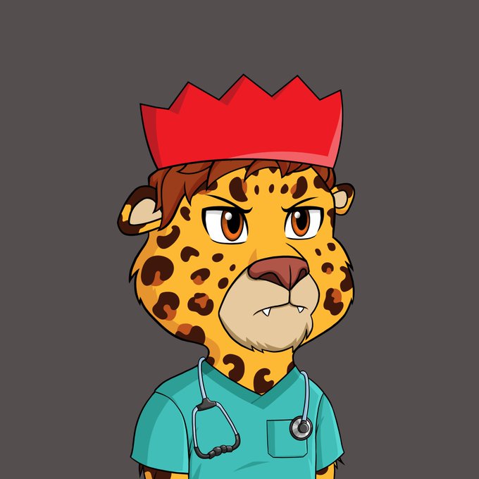 An anime-style cartoon illustration of an anthropomorphic leopard character with brown hair, wearing green medical scrubs, a stethoscope, and a red crown against a gray background.