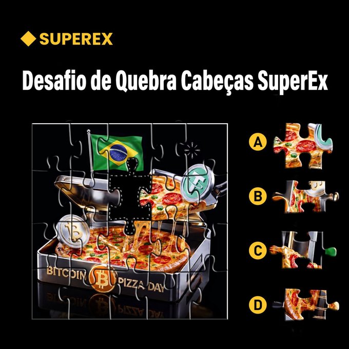 The image features a puzzle with pieces of pizza, including one piece that appears to be missing. The puzzle has been posted as part of a challenge where participants must guess the missing piece to win a 10-USDT trading voucher for futures. The puzzle is set against a black background and includes text in Spanish about the SuperEx puzzle challenge.