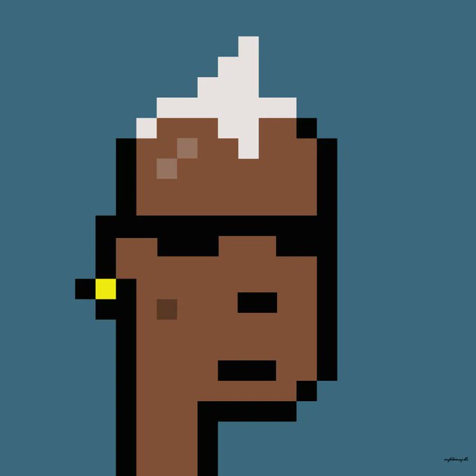 A minimalist pixel art portrait shows a brown-skinned figure with white hair and a yellow earring against a dark teal background.