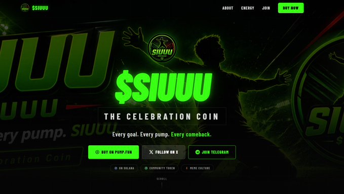 The image shows a website called "$SIUUU" with green neon letters, which appears to be related to cooking or food-related activities. It also features a logo for a coin named "The Celebration Coin", possibly associated with a gaming event or competition. The website is hosted on Solana and has a social media share button at the bottom of the page.
