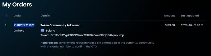 A screenshot of a 'My Orders' page showing order #1782962711629 titled 'Token Community Takeover' for $199.00 on hold, with a hold reason requesting a pinned message to confirm the CTO.