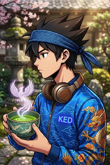 An anime-style illustration of a dark-haired young man wearing a blue headband, headphones around his neck, and a blue jacket with dragon embroidery and "KED" text, holding a green tea cup in a Japanese garden setting.