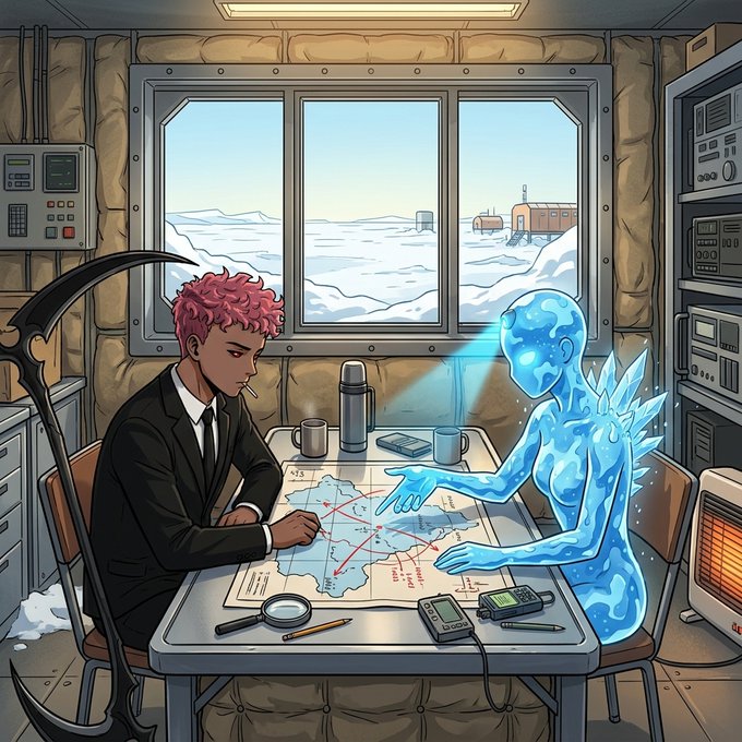 In an arctic base, a person in a suit and a ghostly figure review a map, likely related to the Inkscore Zenith NFT mint and its associated rewards. The image visually represents the "Nobodies x @Inkscore" collaboration, hinting at strategic planning for an upcoming event.